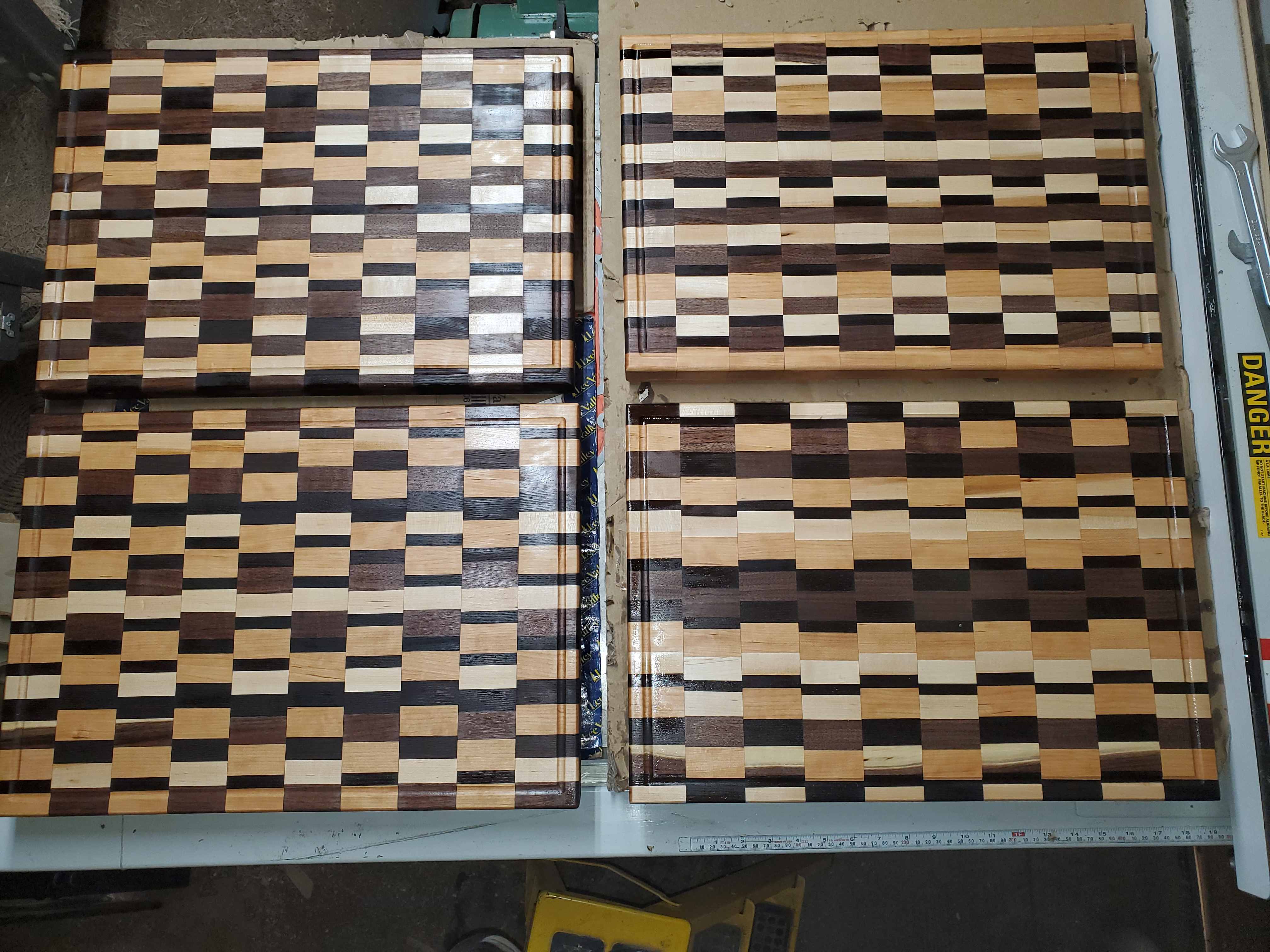 Batch of end grain cutting boards in the workshop
