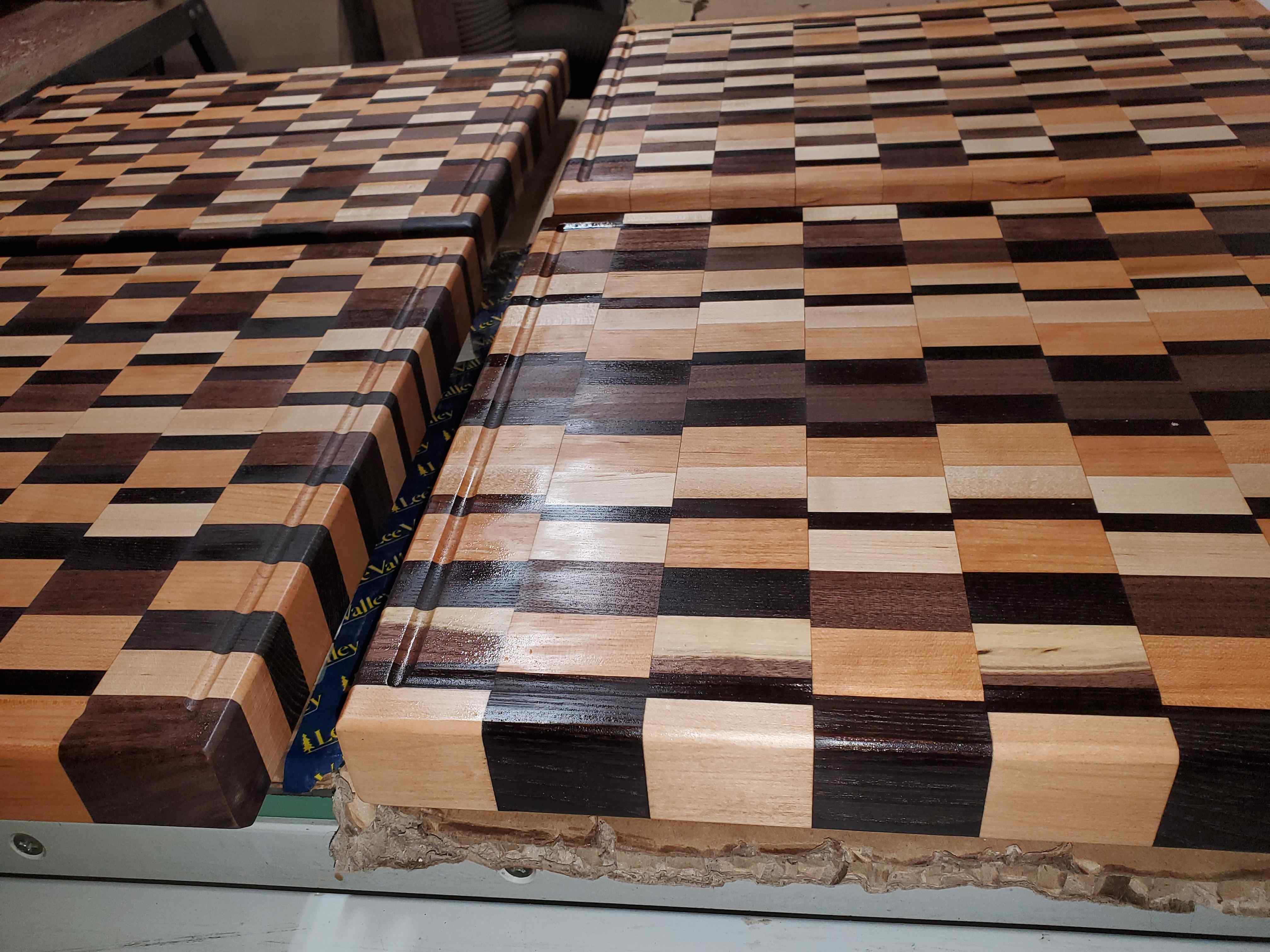 End grain cutting boards in progress in the workshop